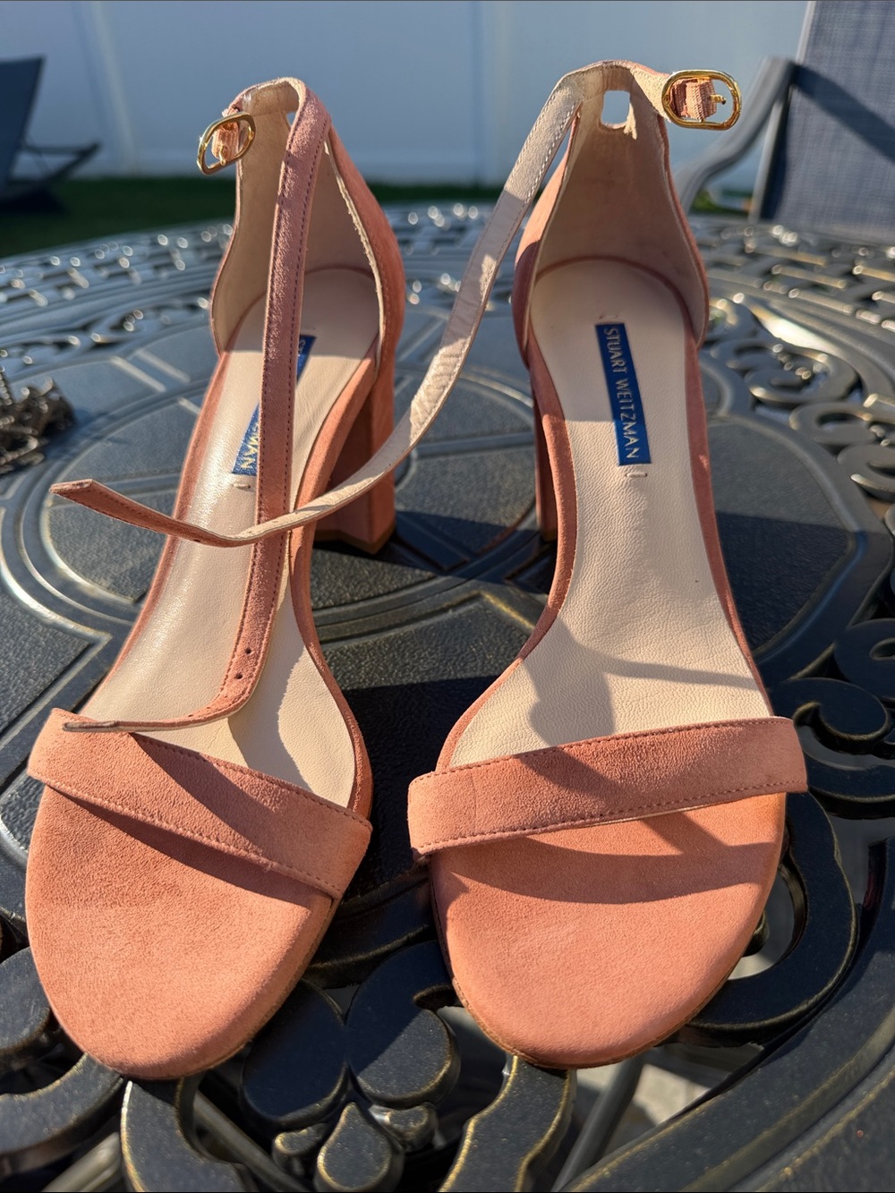 Stuart Weitzman Dusty Rose Suede Block Heel Sandals